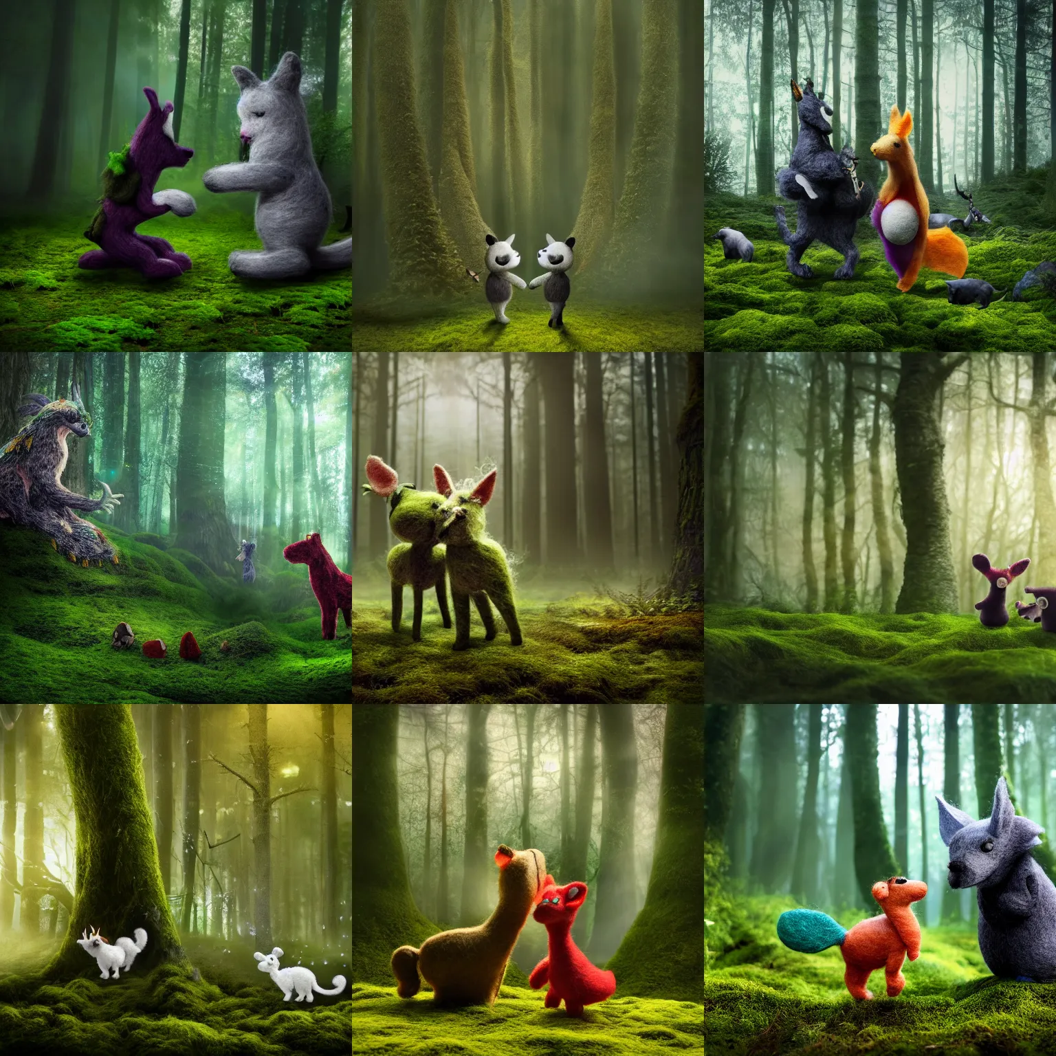 Prompt: two fantasy animals playing, one large and one small, made of felt and cloth and beads, in a lush dark magical forest with tall trees and moss and mist, light streaming through the trees, felting, haunting and spooky, wide shot, cinematic lighting, bokeh