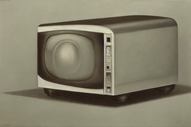 Prompt: hyperrealistic painting of an early 1930s microwave prototype by Claudio Bravo