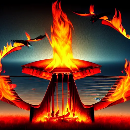 Image similar to in the lower part of the picture is the harp burning in the fire, above are cranes flying in flames, digital painting, concept art