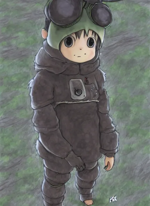 Image similar to beautiful little boy wearing an cyborg bear suit, artwork in kentaro miura and made in abyss and rosdraws, smooth, beautiful lightness, anatomically correct, trending on pixiv, forest