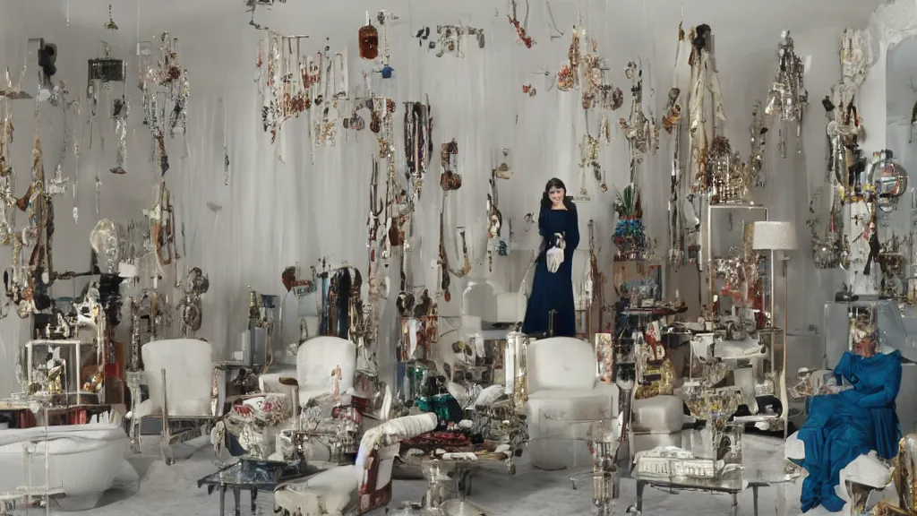 Image similar to a woman made of jewelry stands in the living room, film still from the movie directed by Denis Villeneuve with art direction by Salvador Dalí, wide lens, 4K, realistic