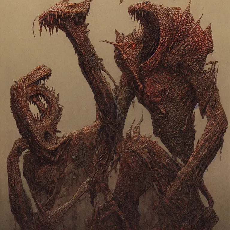 Image similar to lizardman warrior concept, tribal, beksinski an moebius