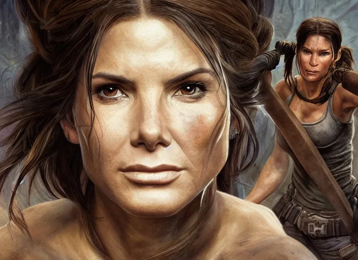 Image similar to face portrait of concentrated young Sandra Bullock as Lara Croft with pig-tails entering an incredible epic ruin, glorious sun beams, intricate, elegant, highly detailed, digital painting, short focus, illustration, Allan Lee, John Howe