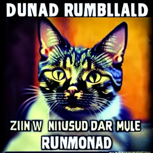 Prompt: junkyard cat mixed with donald rumsfeld