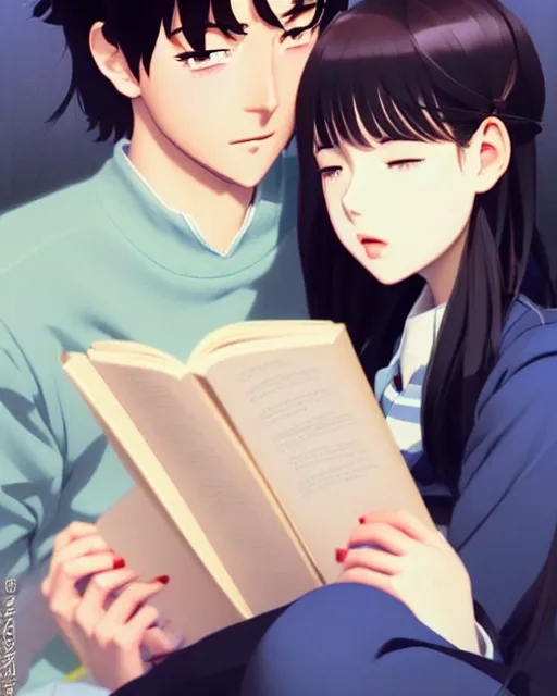 Image similar to cute girl reading book with her boyfriend, shy emotion. | very very anime!!!, fine - face, audrey plaza, realistic shaded perfect face, fine details. anime. very strong realistic shaded lighting poster by ilya kuvshinov katsuhiro otomo ghost, magali villeneuve, artgerm, jeremy lipkin and michael garmash and rob rey