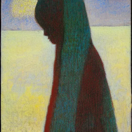 Image similar to glitch girl and very very tall monster wrapped in a blanket looks into the distance on the beach, in the rain, style by odilon redon, atmospheric