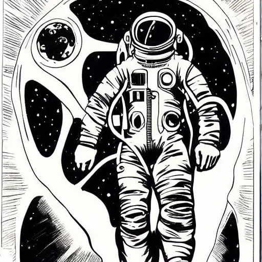 Prompt: a handsome man with red hair, floating in space. he is an astronaut, wearing a space suit. well composed, clean elegant painting, beautiful detailed face. comic book art by steve ditko and jack kirby and ( alphonse mucha )