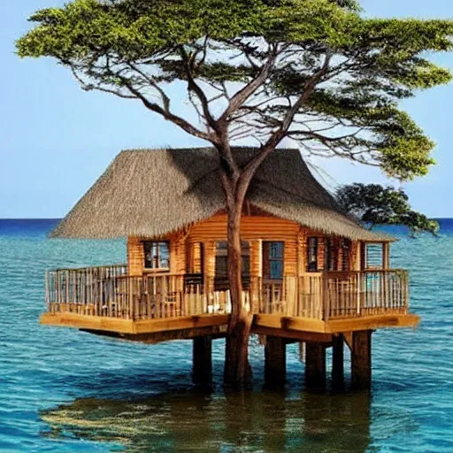 Image similar to a tree with a tree house in it in the ocean