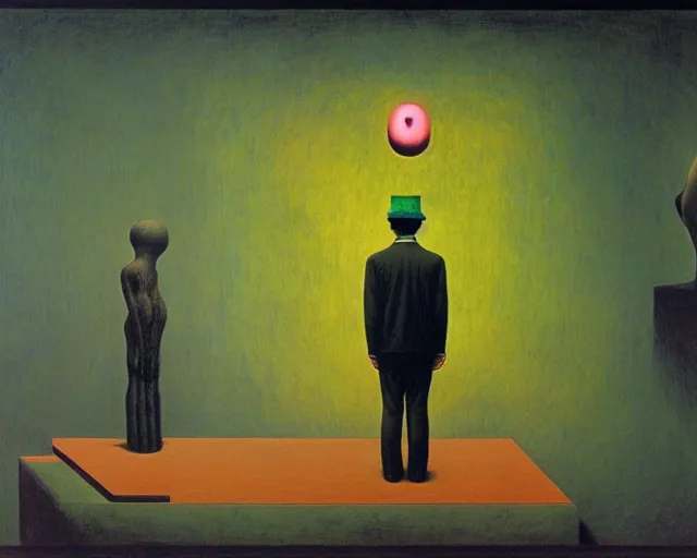 Image similar to learning to be dead by Magritte, Beksinski, and Keith Haring