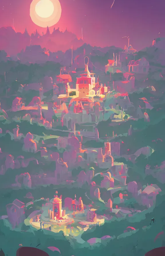 Prompt: magical school on a hill, sharp focus, james gilleard, zoomed in, print, game art