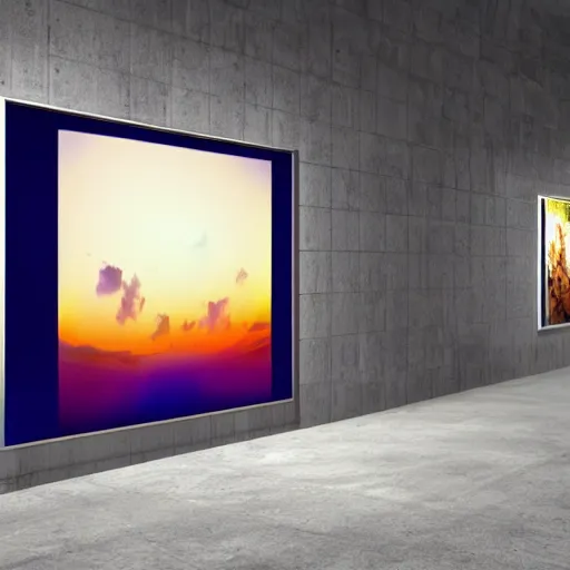 Image similar to large rectangular gallery hall with a large screen on the wall, cyberspace, moonlight, art station, detailed, colorful, symmetrical