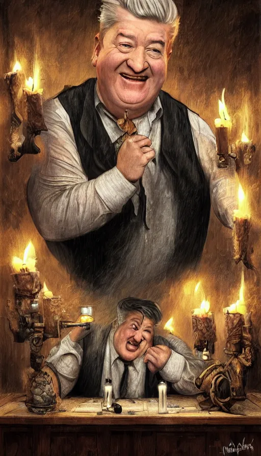 Image similar to david lynch as fat drunk tavern owner, laughing, candles, fame of thrones, warhammer, fibonacci, sweat drops, intricate fashion clothing, insane, intricate, highly detailed, surrealistic, digital painting, artstation, concept art, smooth, sharp focus, illustration, unreal engine 5, 8 k, art by artgerm and greg rutkowski and alphonse mucha