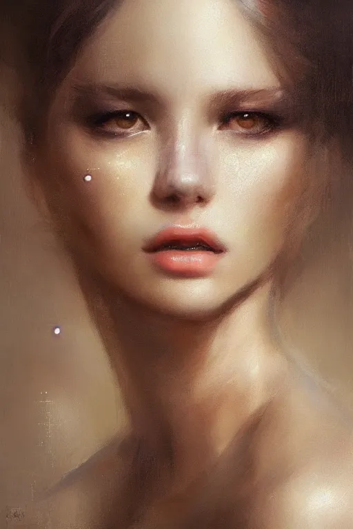 Image similar to girl portrait painting by ruan jia, Kenneth Willardt, ross tran, WLOP, Andrei Riabovitchev, golden skin, mystery background, harper's bazaar, vogue, magazine, concept art, ornate, luxury, elite, elegant, trending on artstation ,