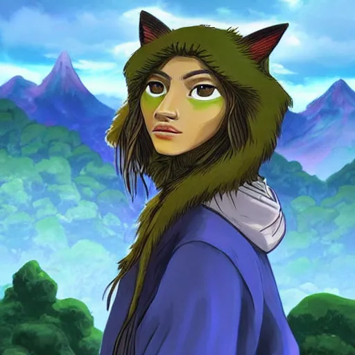 Image similar to “Zendaya, portrait!!! Mononoke-hime style, cartoon, blue sky with white clouds green hills and mountains on the background, fantasy, photorealistic, concept Art, ultra detailed portrait, 4k resolution”