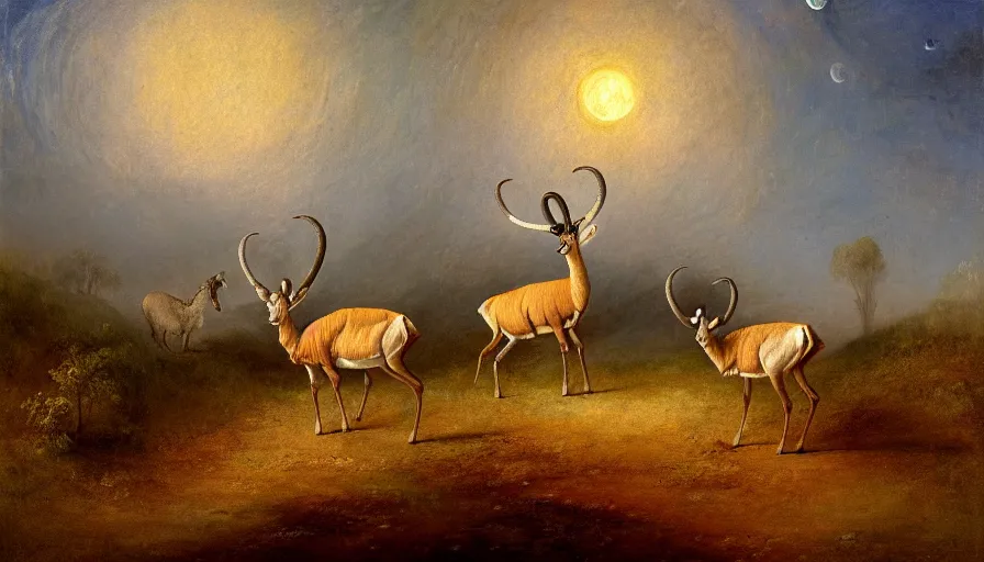 Prompt: highly detailed painting of antelopes in a small square flower garden on the dry grey cratered surface of the moon by william turner, thick brush strokes and visible paint layers, 4 k resolution