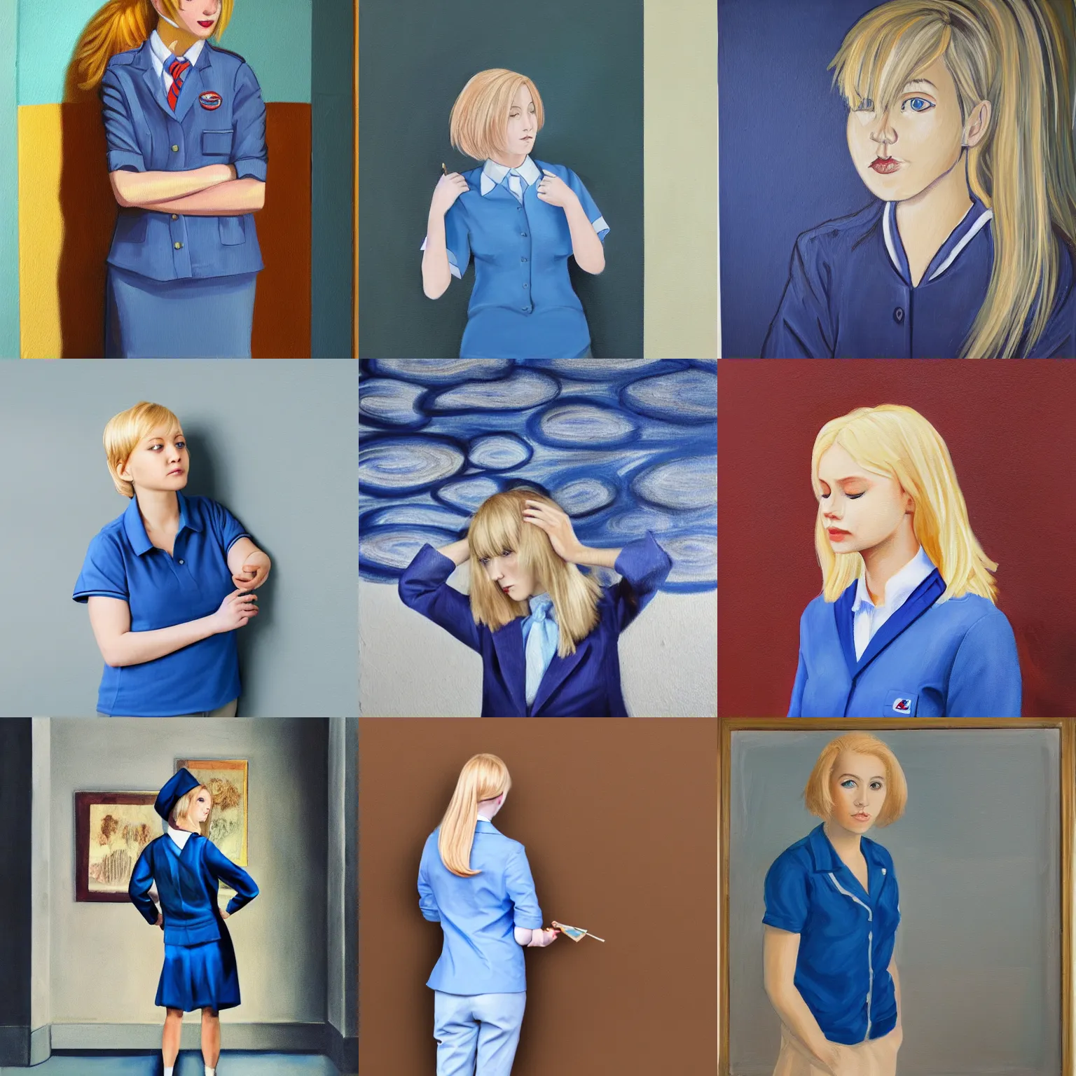 Prompt: a woman with blondehair and a blue college uniform leans idly/solemnly against a wall, cool, calm, quiet, painting, art, full body