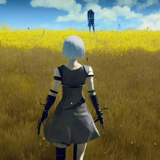 Prompt: a very high resolution image from nier : automata, featuring 9 s android fighting russian spetznaz in yellow rye field under pure blue skies