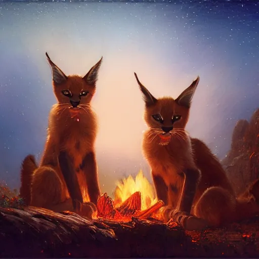 Image similar to three cute caracals wearing red bows, campfire, night, atmospheric lighting, intricate, volumetric lighting, digital art, highly detailed by gaston bussiere, craig mullins, j. c. leyendecker 8 k