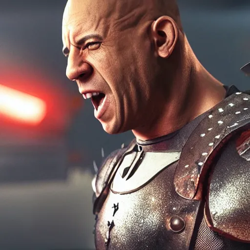 Image similar to highly detailed octane render of a close up portrait of Vin Diesel wearing a shirt and armour and screaming in a old school television