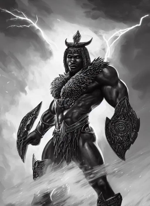 Prompt: a highly detailed illustration of an amazon heroine berserker african god of lightning, muscular, thunderous sky background, intricate, elegant, highly detailed, centered, digital painting, artstation, concept art, smooth, sharp focus, league of legends concept art, WLOP