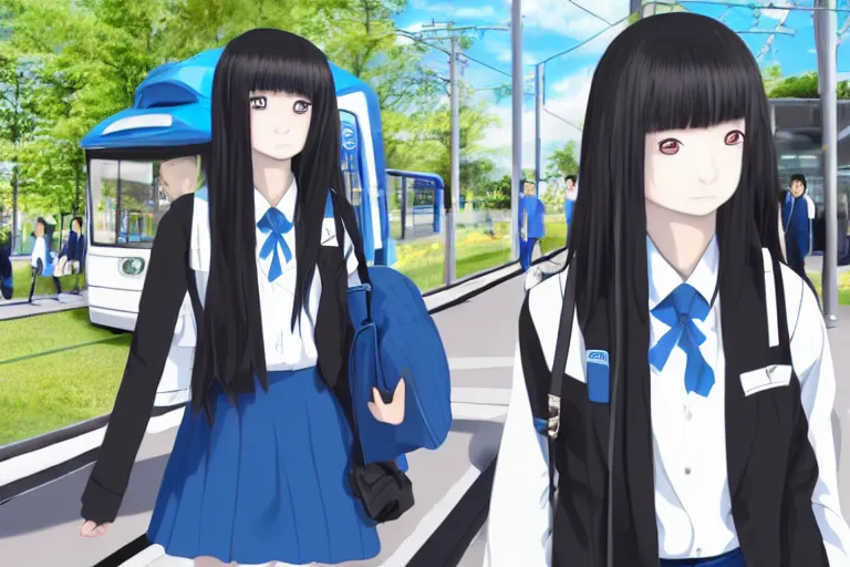 Prompt: japanese style, a 1 5 - year - old girl with long black hair, wearing a black uniform and sky blue short skirt, blue pupils, blue tie, carrying a black backpack, at the tram station, thin face, high light eyes, face, surrealism, movie level realism, virtual engine 5, fine texture, real light and dark composition, mixer rendering