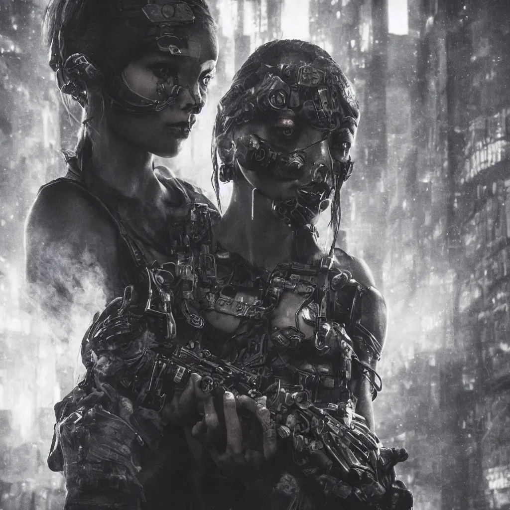 Image similar to closeup of beautiful guard hiding her chest with her arms, dystopian cyberpunk smoke detailed, realistic depth of field