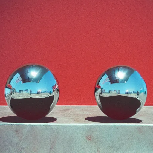 Prompt: chrome spheres on a red cube, fuji superia 200