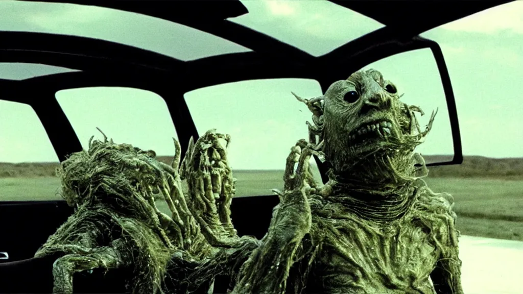 Prompt: the creature sits in a car, made of wax and metal, film still from the movie directed by Denis Villeneuve and David Cronenberg with art direction by Salvador Dalí, wide lens