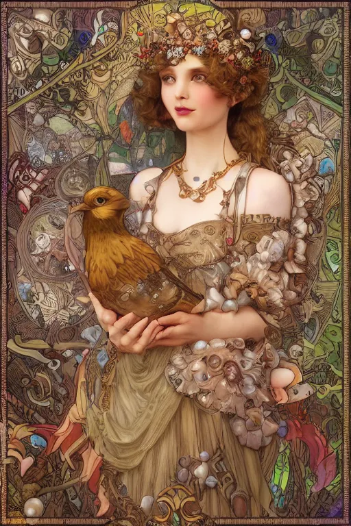 Image similar to zoomed out 3 d render of english princess holding birds, ornaments, mucha vibe, dieselpunk, solarpunk, artstation