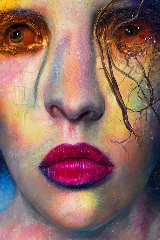 Image similar to hyperrealism oil painting, close - up portrait of face from a tangle of snakes fashion model, knight, street art gradient mixed with nebula sky, in style of baroque