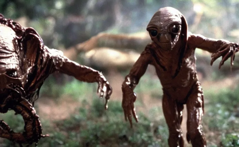 Prompt: ( e. t. from e. t. 1 9 8 2 being chased by the predator, movie still, speilberg movie, speilbergian lighting, classic 8 0 s flick )