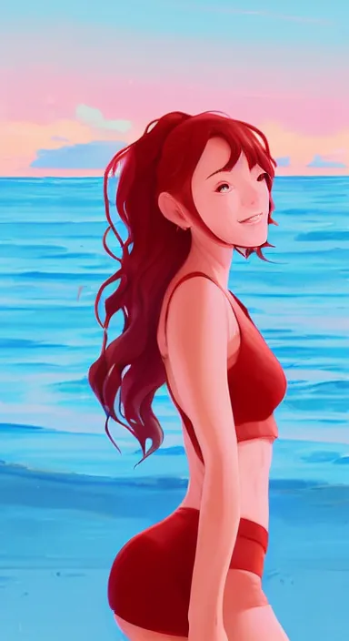 Prompt: lois van baarle, artgerm, helen huang, by makoto shinkai and ilya kuvshino, rossdraws, illustration, art by ilya kuyshuno. cute scarlet red haired cyborg woman, denim shorts, at beach at sunset, beautiful face, smile, clean vector art, exaggerated proportions, looking at me