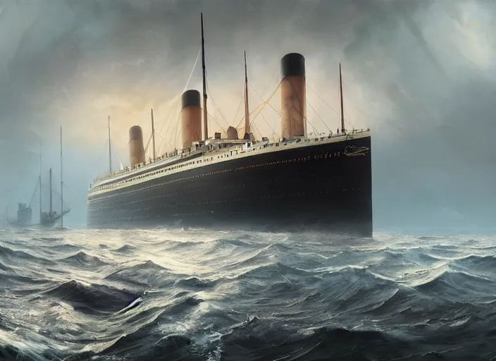 Prompt: The sinking of the Titanic, digital painting, artstation, concept art, Sergey Kolesov , Breathtaking, 8k resolution, extremely detailed, beautiful, establishing shot, artistic, hyperrealistic, octane render, cinematic lighting, dramatic lighting, masterpiece, light brazen, extremely detailed and beautiful face