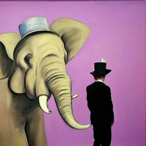 Image similar to in an art gallery, there is a huge painting of an elephant by marlene dumas. a man in a top hat and a suit is looking up at the painting. cgsociety, surrealism, surrealist, dystopian art, purple color scheme