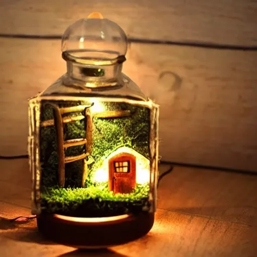 Prompt: a tiny wooden cottage with warm lights inside a terrarium bottle.