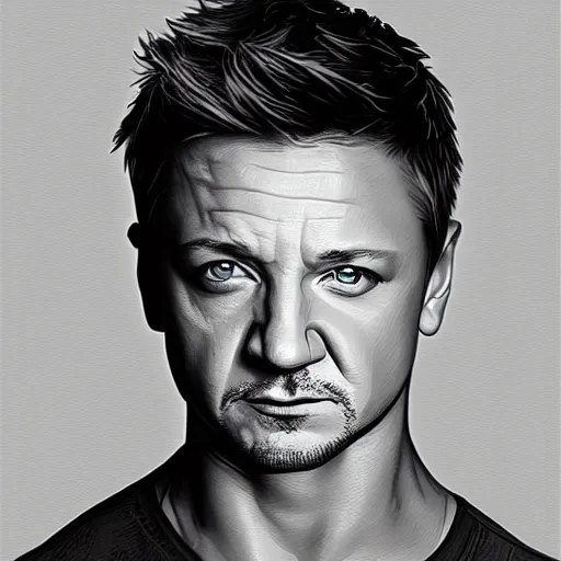 Image similar to portrait of jeremy renner, highly detailed, centered, solid color background, digital painting