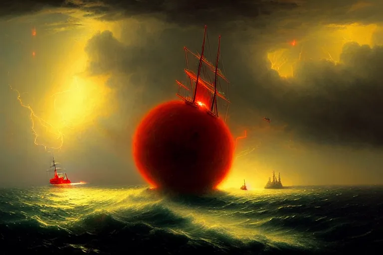 Image similar to A beautiful matte painting of huge spherical alien spaceship attacking with powerful red lasers a Sailship in ocean in thunderstorm by Greg Rutkowski and Ivan aivazovsky