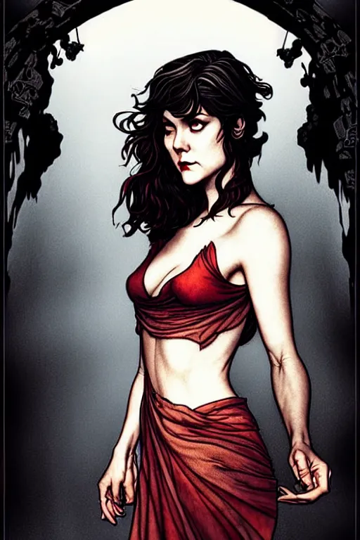 Image similar to style of arthur rackham, artgerm, rafael albuquerque, steve niles : : gorgeous mary elizabeth winstead : : evil sorceress, swirling black magic, black dress : : symmetrical face, symmetrical eyes : : full body pose : : gorgeous red hair : : cinematic lighting : :