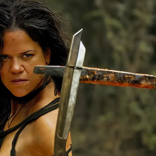 Image similar to Michelle rodriguez as an amazone warrior killing soldiers with her spear, cinematic lighting, high quality 8k hd, oil on canvas, hyperralistic art