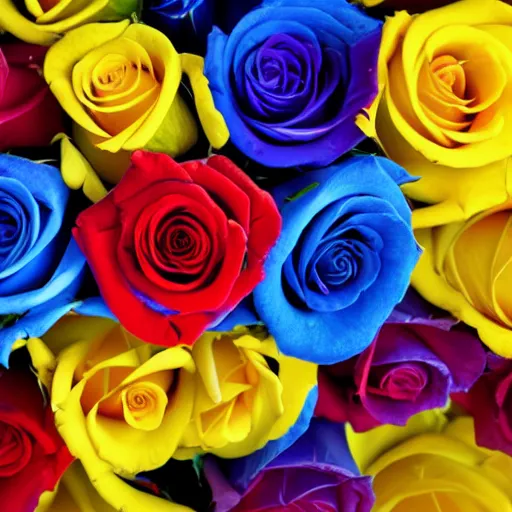 Image similar to blue, yellow, red, roses, detailed, 8k