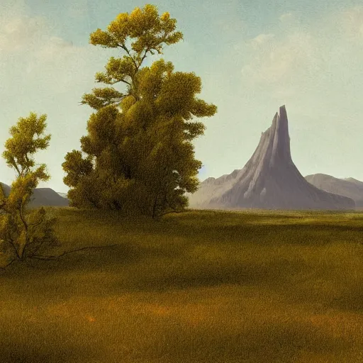 Image similar to a wide angle landscape of a prairie with a very large thin spire mountain in the distance, in the style of rococo, digital painting