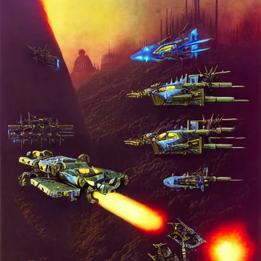 Image similar to war machines from a gate in hell, chris foss, john harris, beeple, wayne barlowe, warhammer 4 0 k