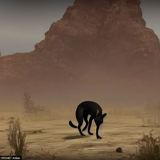 Image similar to The black chihuahua trotted up beside the duke. He sniffed at the air, parched and desperate for water, then inflected his ears to listen. The sound of the wastelands had grown distant over the last few days, but it was still there: the strange howling that had disturbed their sleep during the first week in the wastes.