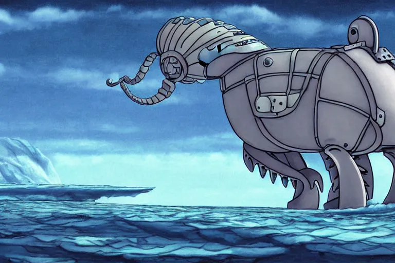 Image similar to cell shaded cartoon of a giant mechanized grey seahorse from howl's moving castle ( 2 0 0 4 ), floating above an icy river, full body, wide shot, very muted colors, post grunge, studio ghibli, highly detailed, deviantart, art by artgem