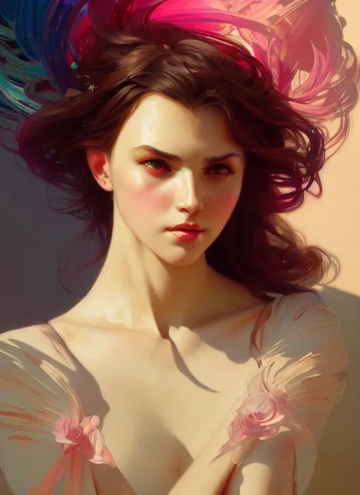 Image similar to portrait of an egirl, colorful, elegant, highly detailed, digital painting, artstation, concept art, smooth, sharp focus, illustration, art by artgerm and greg rutkowski and alphonse mucha