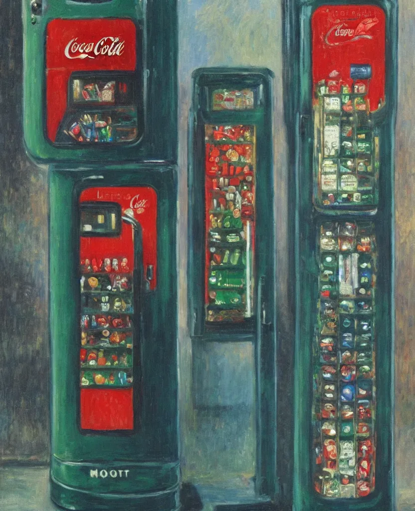 Prompt: achingly beautiful oil painting of 1 9 4 0 s coke vending machine by monet, hopper, and magritte. centered.