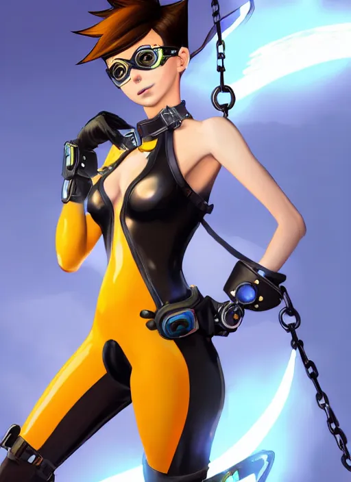 Image similar to full body digital artwork of tracer overwatch, wearing black iridescent rainbow latex swimsuit, 4 k, expressive happy smug expression, makeup, in style of mark arian, wearing detailed black leather collar, wearing chains, black leather harness, leather cuffs around wrists, detailed face and eyes,