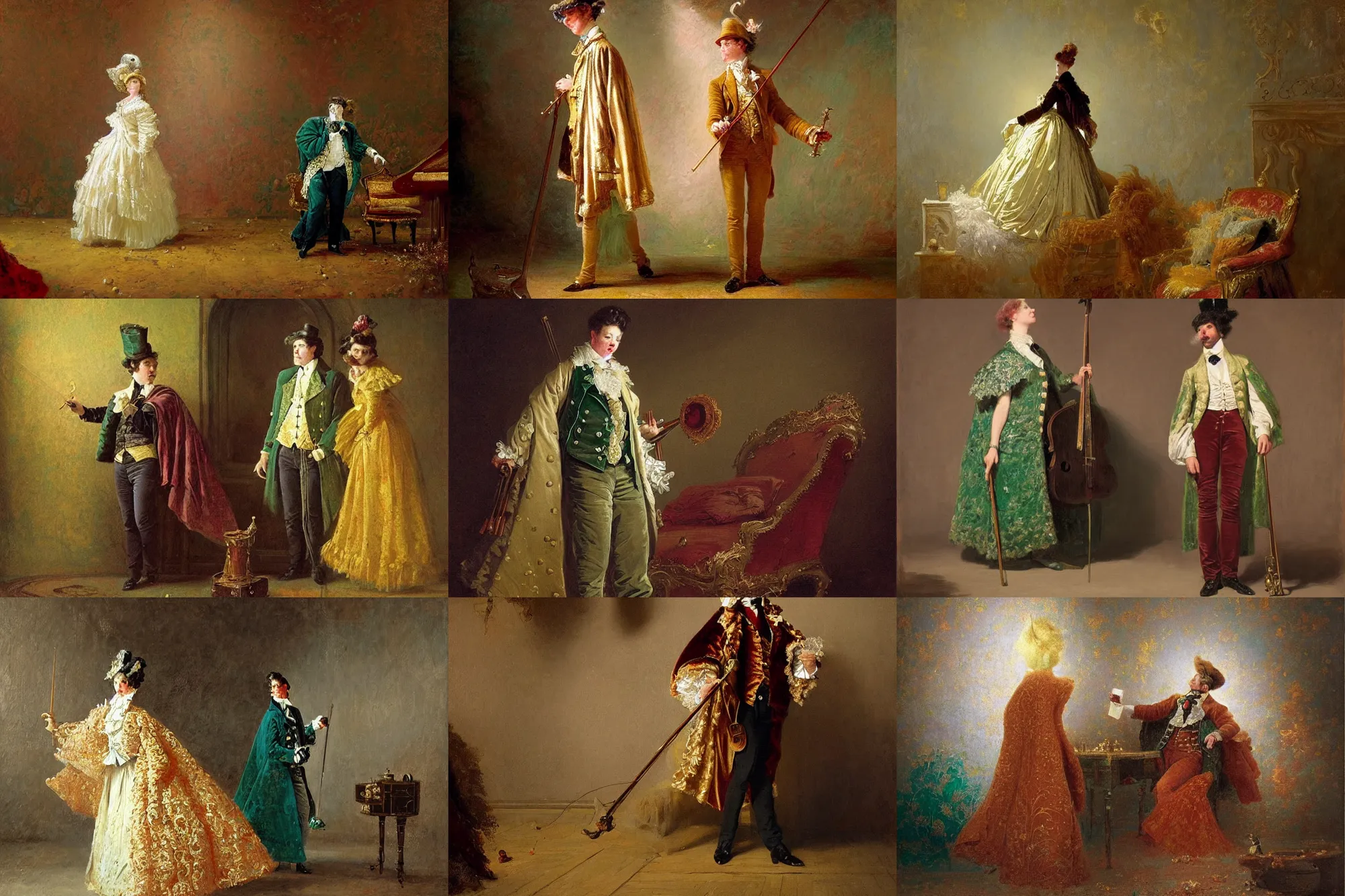 Prompt: victorian era musician with a velvet and emerald cape, stars, sincere, modern maximalist suit, is ( ( holding a cane ) ). light dust, magnificent, hyperdetailed, theatrical, painted by jean honore fragonard and greg rutkowski