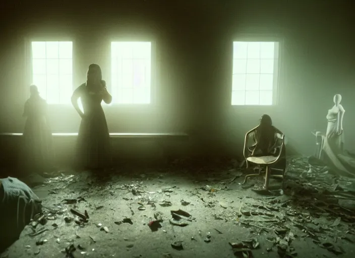 Image similar to cinematic screenshot of octavia spencer in an abandoned house surrounded by mannequins, screenshot from the tense being john malcovich thriller film ( 2 0 0 1 ) directed by spike jonze, dramatic backlit window, volumetric hazy lighting, moody cinematography, 3 5 mm kodak color stock, 2 4 mm lens, ecktochrome