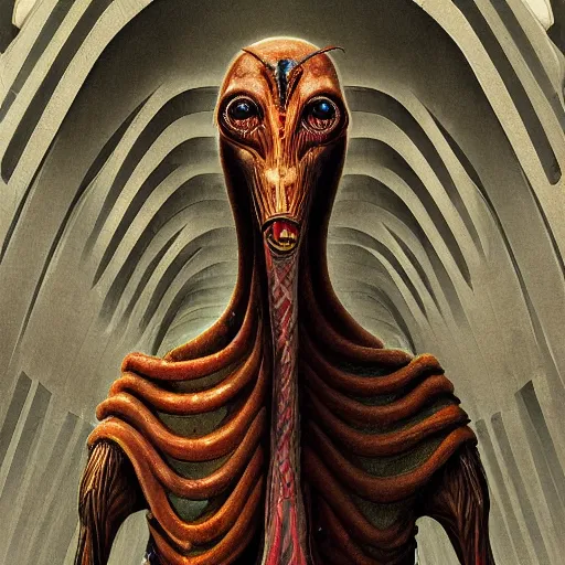 Image similar to portrait of tall, long-necked lipless mutant with scaled face and serpent eyes wearing gauze toga and standing in cyberpunk art deco mosque, alien bestiary by Barlowe, Greg Rutkowski, and Yoshitaka Amano